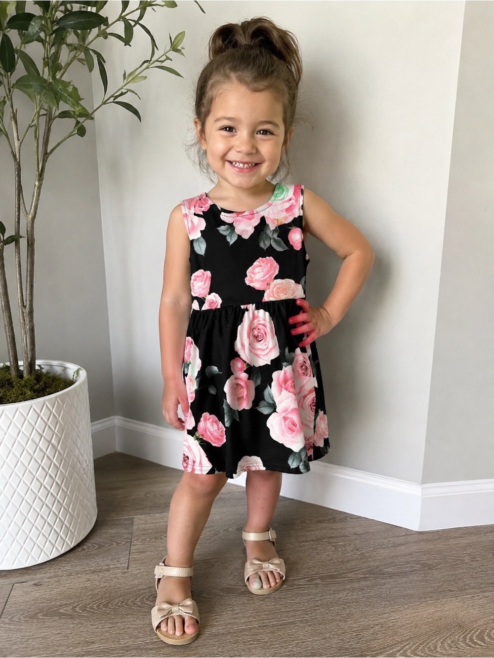 Girls Black Floral Sleeveless Dress with Pink Roses 3T